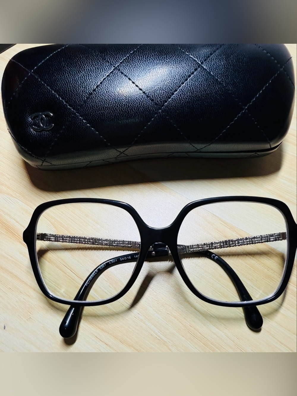 CHANEL Black Oversized Rectangular Eyeglass Frames 3367 with Quilted CHANEL Case